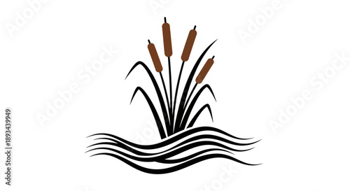 Cattails Illustration with Water Waves.