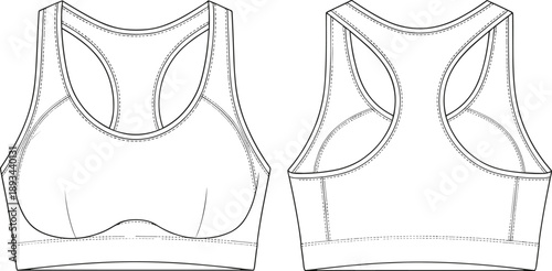 Cad drawing flat vector illustration, sports bra technical fashion flat, racerback front back view, garment construction apparel template sketch