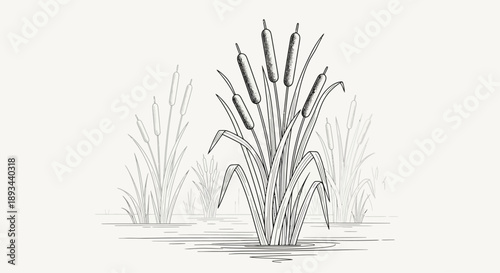 Cattails standing in the water illustration.