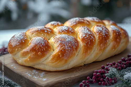 Loaf of bread on wooden board.