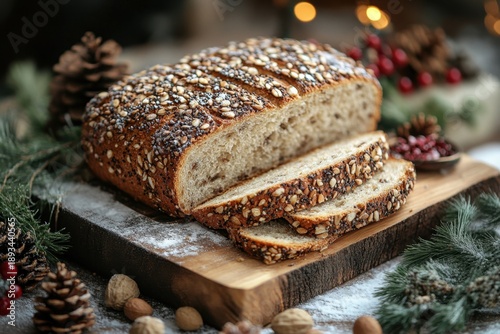 Loaf of bread with nuts and pine.