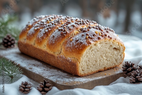 Loaf of bread with powdered sugar on wooden board.