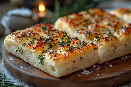 Piece of bread on wooden plate.