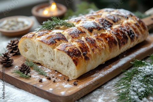 Loaf of bread on cutting board.
