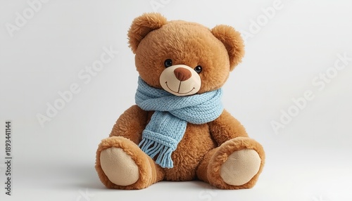 A brown teddy bear wearing a blue scarf sits on a white background, looking adorable and cuddly.