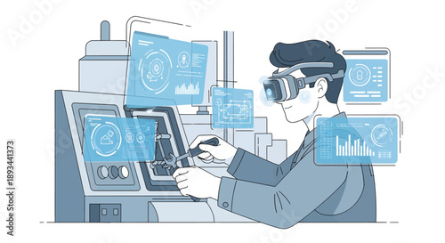 Man using virtual reality headset while working on computer with various digital interfaces.