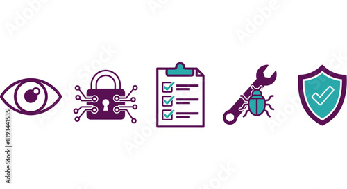 Cybersecurity icons representing protection and vigilance.