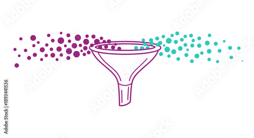 Colorful particles being filtered through a funnel.