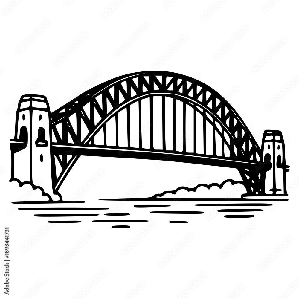 Obraz premium iconic Australian architecture sketch of Harbour bridge over water