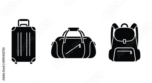 Black luggage icons depicting a suitcase duffel bag and backpack silhouette