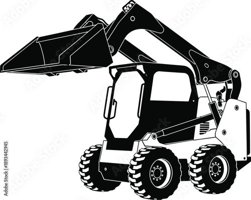 Skid steer loader silhouette, construction vehicle, heavy machinery, industrial equipment, compact loader, building site, excavation tool, vector art, CAD drawing flat vector illustration