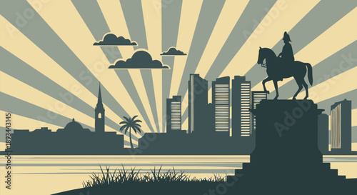 Vintage Skyline Cityscape Illustration with Horse Statue and Sunburst Background Vector Art
