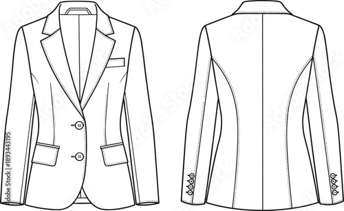 tailored blazer front back view, fashion flat sketch, technical garment drawing, notched lapel jacket, professional clothing design, cad drawing flat vector illustration