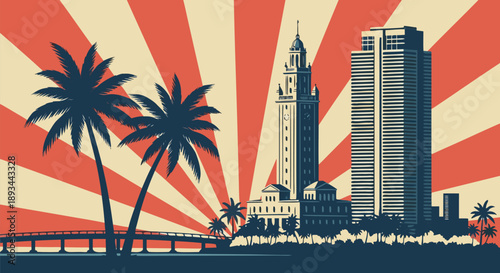 Retro Miami skyline vector illustration with palm trees and sunburst background
