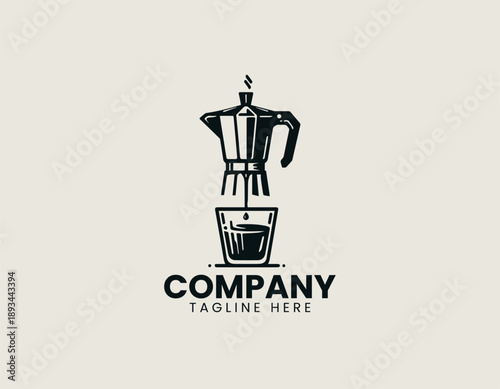 Moka coffee pot logo shows hot drink pouring into glass in clean vector style