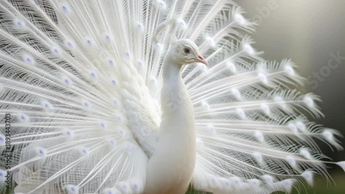 A white peacock spreads its majestic feathers outdoors