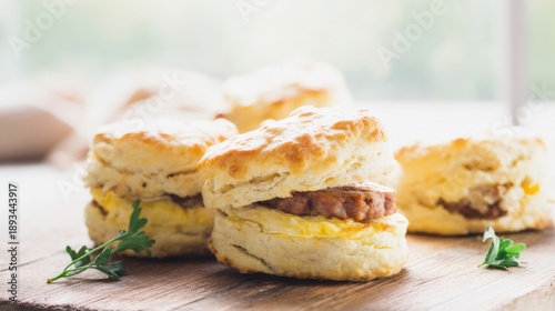 Buttery Flaky Biscuit Sandwich with Egg and Sausage. Generative AI