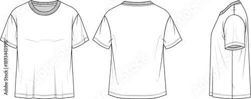 Basic crew neck t shirt technical fashion drawing with short sleeves front back and side views vector illustration