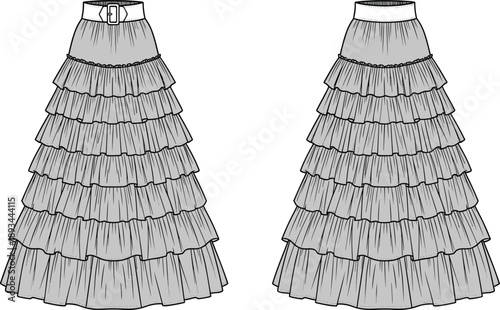 Layered ruffle maxi skirt fashion illustration technical flat design showing front and back views isolated on white background
