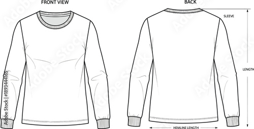 Long sleeve sweatshirt technical fashion drawing showing front and back views with measurement details for apparel design