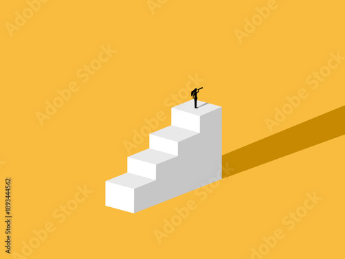 businesswoman uses binoculars to look up a high step of a ladder