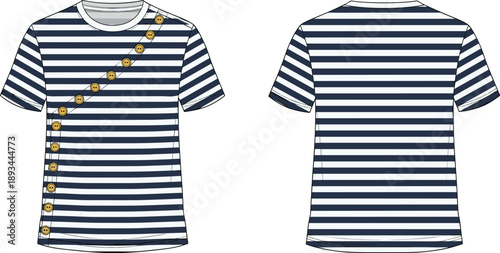 Striped short sleeve t shirt technical fashion drawing with diagonal button placket front and back views vector illustration