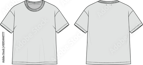 Technical fashion flat sketch of classic crew neck t shirt with short sleeves and relaxed fit front and back views