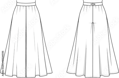 Women maxi skirt technical flat sketch front and back view with high waist and flare silhouette, vector illustration