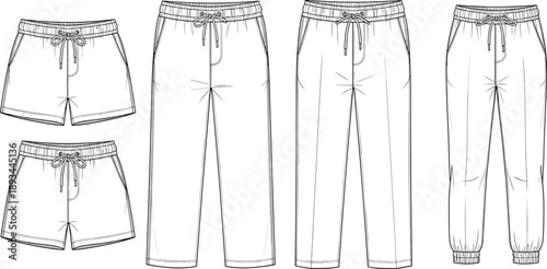 Women loungewear bottom set technical fashion sketch with shorts, wide leg pants and joggers, apparel design template