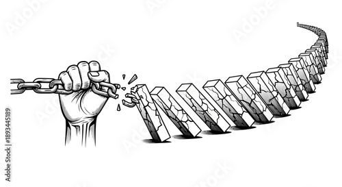 Hand Breaking Domino Effect Chain Reaction.