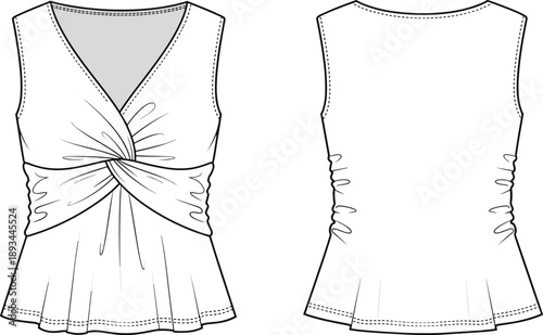 Women sleeveless twisted front blouse technical fashion illustration showing front and back views, V neck ruched top flat vector design
