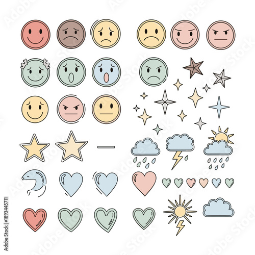 Assortment of Hand Drawn Emoticons, Weather Icons, and Symbols in Pastel Colors smileys faces