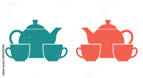 Two teal and coral teapot and teacup sets in a simple graphic style