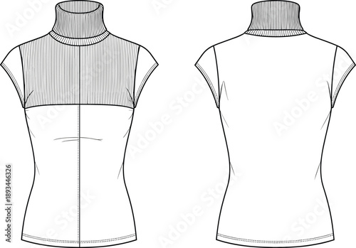Women's sleeveless turtleneck top technical fashion flat sketch with front and back views for apparel design and manufacturing