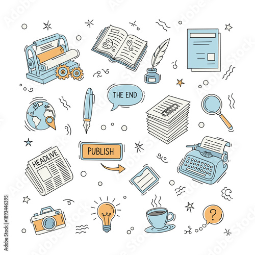 Writing And Publishing Icons With Typewriter Camera Quill Pen And Book Keywords: writing, publishing, typewriter, camera, quill pen, inkwell, book, newspaper, headline, lightbulb, idea, coffee cup