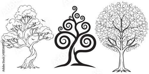 set stylized black and white line art trees with unique shapes  silhouette art and illustrator eps 10