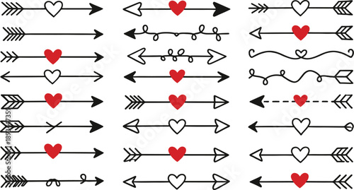 Huge hand drawn heart and arrow collection minimalist line art decorative elements set