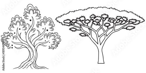 set stylized black and white line art trees with unique shapes  silhouette art and illustrator eps 10