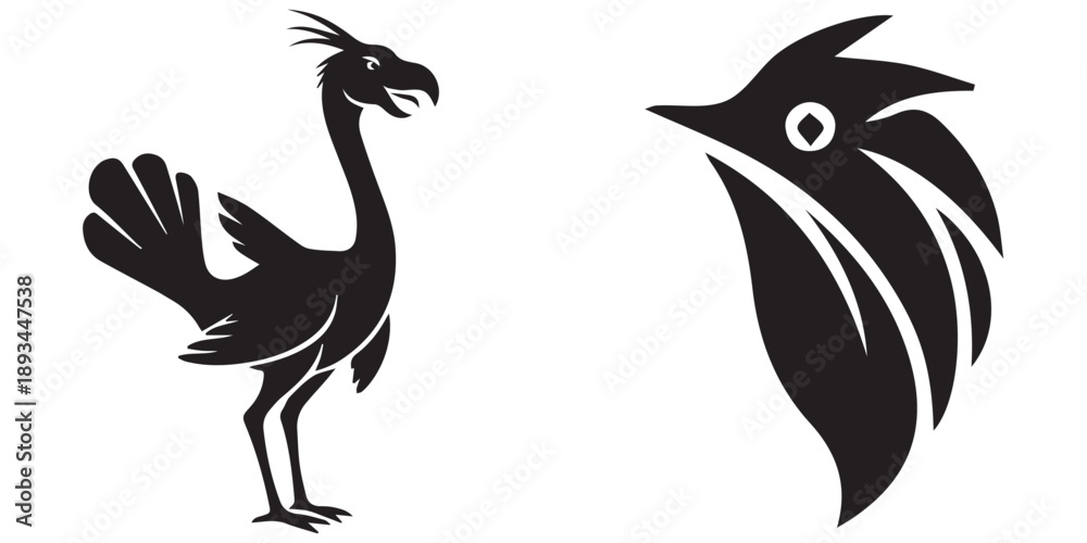 Fototapeta premium Stylized black bird with plume and abstract bird head icon set eps 10