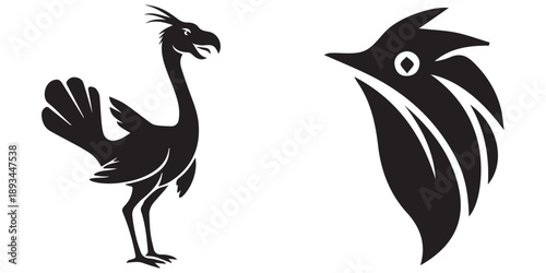 Stylized black bird with plume and abstract bird head icon set eps 10