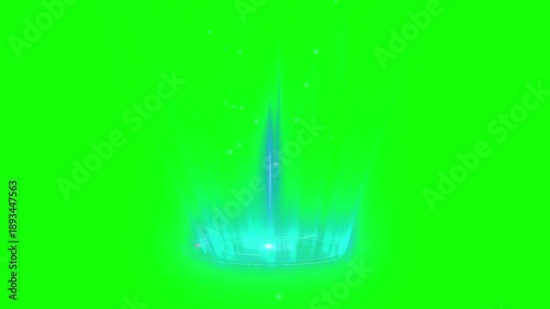 Glowing blue magical energy portal effect rising vertically from a circular base against a vibrant green screen background perfect for special effects integration into fantasy scenes or sci-fi visual 
