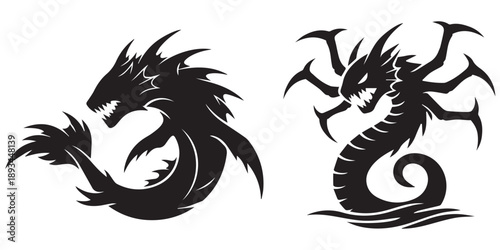 Black and white silhouettes of two sea serpents or water dragons eps 10