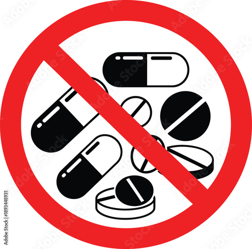 No drugs allowed symbol showing a prohibition of medications, pharmaceuticals, and pills