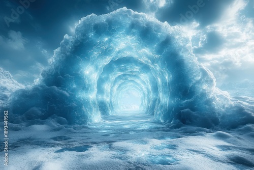 Large ice cave on frozen lake.