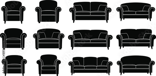 Classic sofa and armchair silhouettes collection, black furniture icons set, living room seating vector illustration for interior design projects branding use