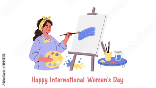 Woman Painting on Canvas Easel Studio.