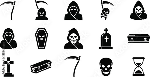 Scythe reaper sickle tool. Grim Reaper, skulls, coffins, and cemetery crosses death Halloween theme. . 