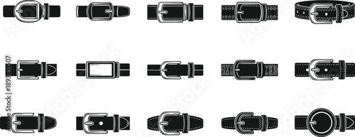 Leather belt buckle silhouette collection, fashion accessory strap variations black vector illustration set isolated on white background for clothing and apparel design