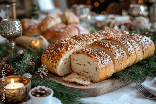 Loaf of bread on table.