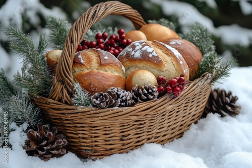 Basket filled with bread and cranberries.
